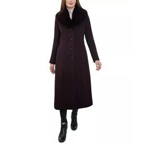 Anne Klein Faux-Fur Collar Maxi Wool Cashmere Blend Coat Merlot Size Large